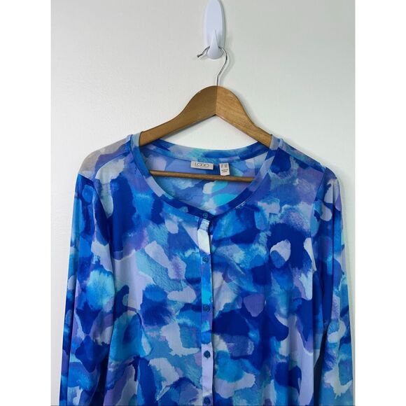 LOGO by Lori Goldstein Women’s Top 1X Blue Sheer Button Front Blouse Long Sleeve - Picture 2 of 12